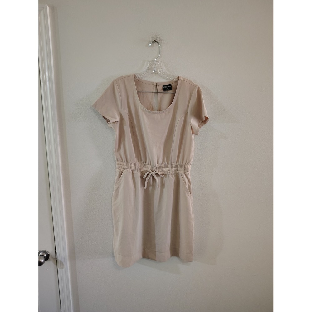 32 Degrees Cool Tan Beige Short Sleeve Drawstring Elastic Waist Pocket Dress S